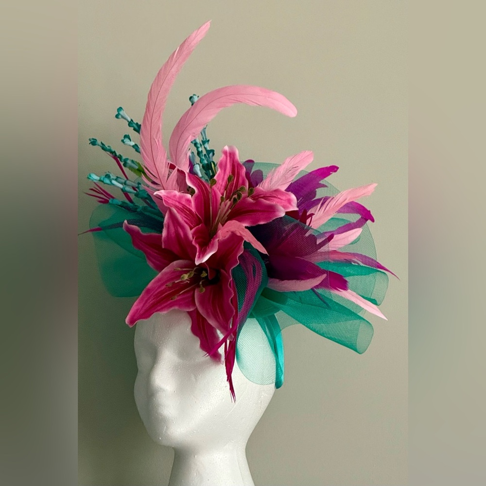 Women's Pink & Teal Floral Feather Fascinator Hat